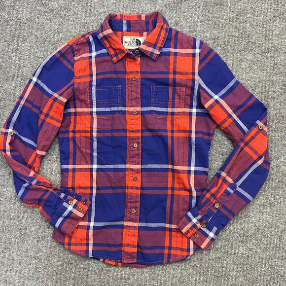 The North Face Flannel Shirt Womens XS Blue Red Plaid Cotton Collared Button-Up - Picture 1 of 11